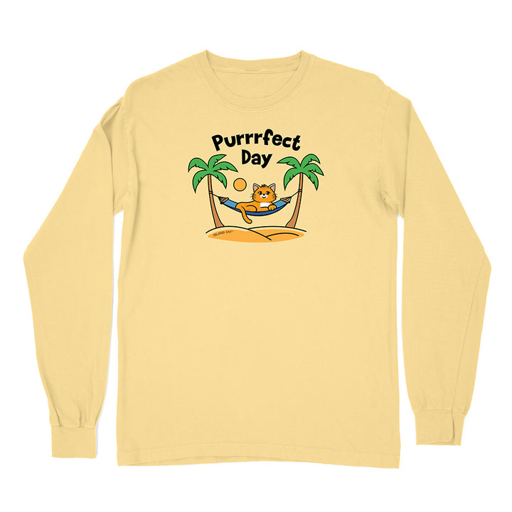 Yellow long-sleeve shirt with a cat graphic and 'Purrfect Day' text on a white background