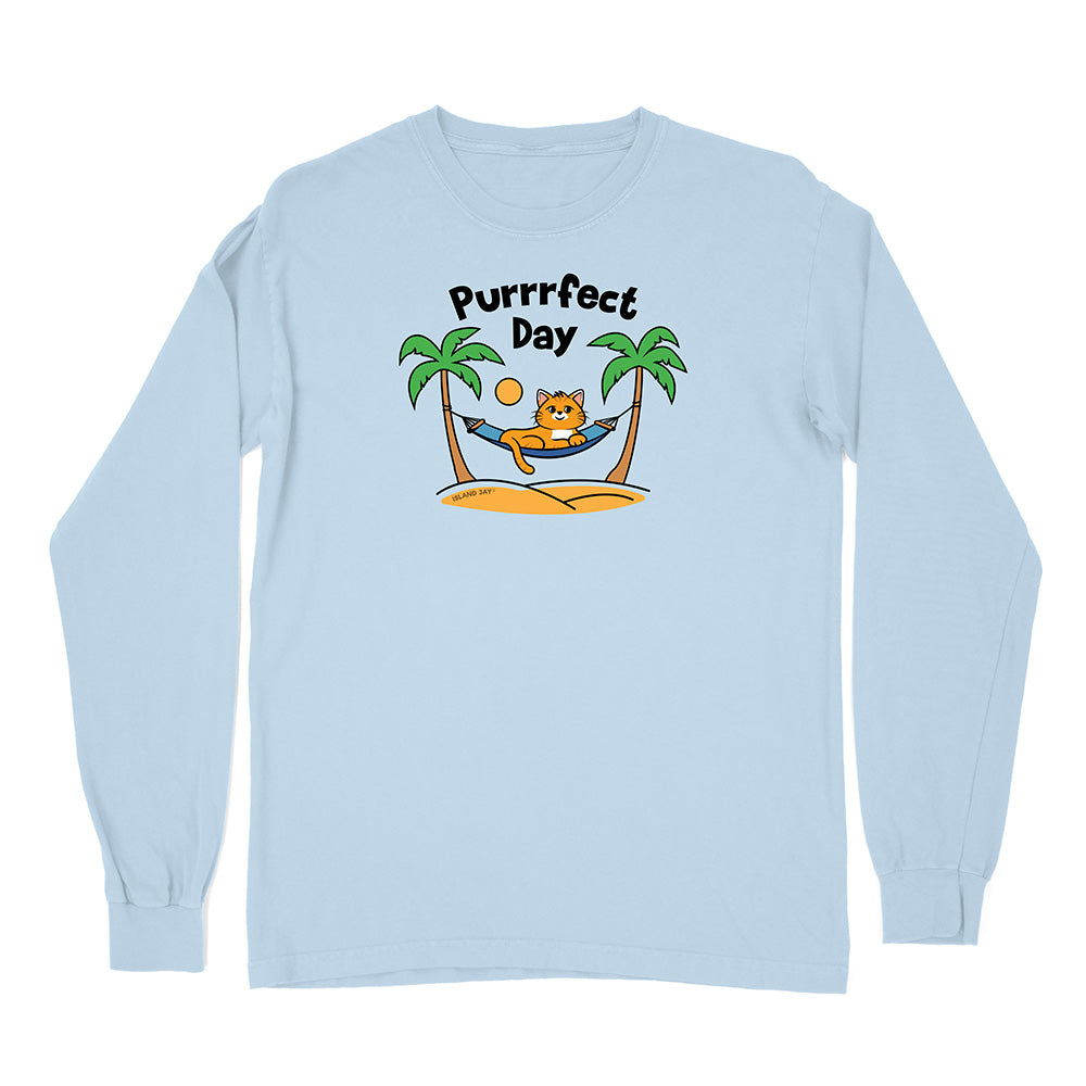 Light blue long-sleeve shirt with a cat graphic and 'Purrfect Day' text on a white background