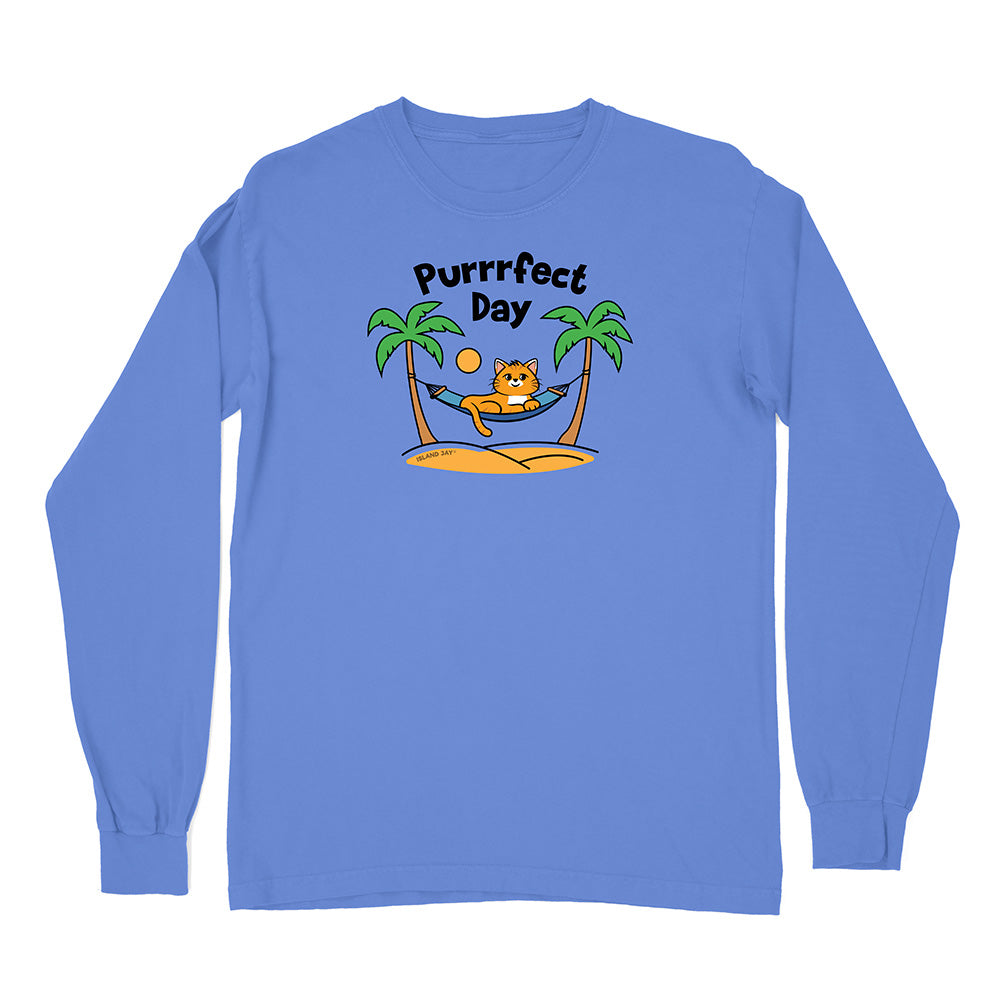 Blue long-sleeve shirt with a cat graphic and 'Purrfect Day' text on a white background