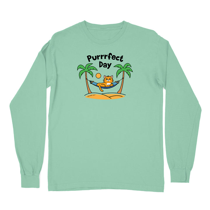 Light green long-sleeve shirt with a cat graphic and 'Purrfect Day' text on a white background