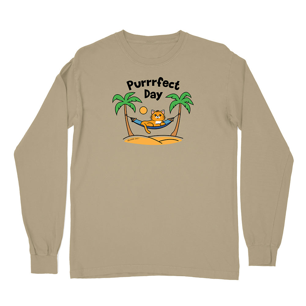 Beige long-sleeve shirt with a cat graphic and 'Purrfect Day' text on a white background