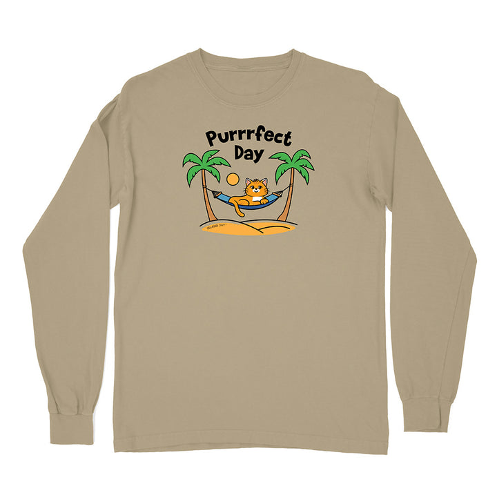 Beige long-sleeve shirt with a cat graphic and 'Purrfect Day' text on a white background