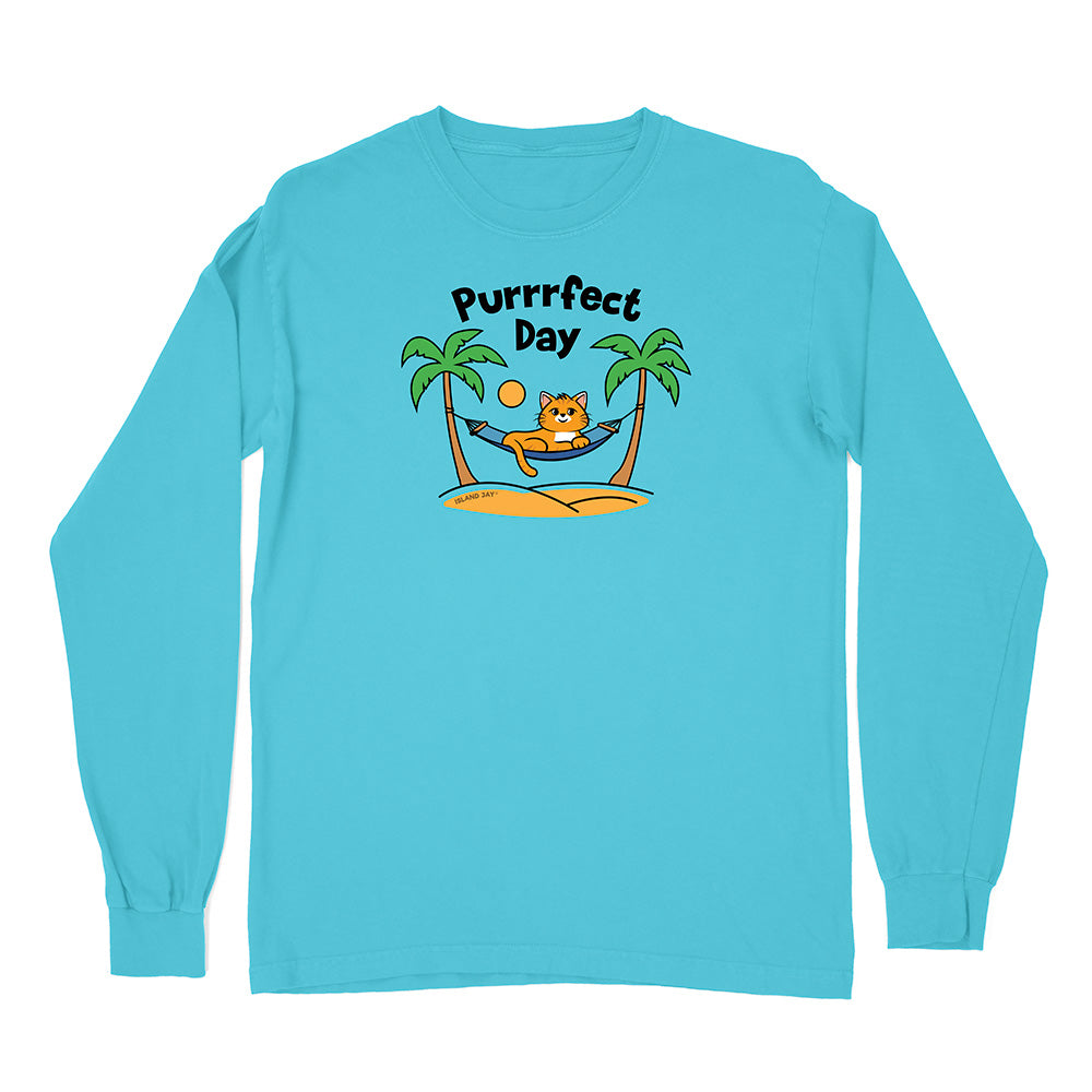Blue long-sleeve shirt with a cat graphic and 'Purrfect Day' text on a white background