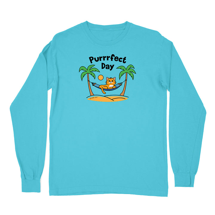 Blue long-sleeve shirt with a cat graphic and 'Purrfect Day' text on a white background