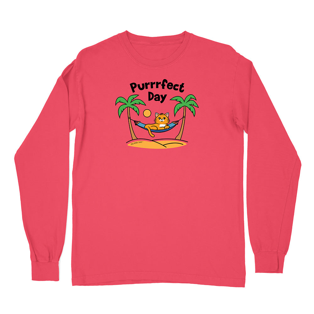 Red long-sleeve shirt with a cat in a hammock and 'Purrfect Day' text on a white background