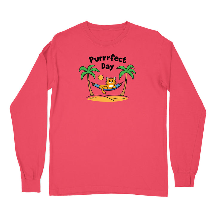 Red long-sleeve shirt with a cat in a hammock and 'Purrfect Day' text on a white background