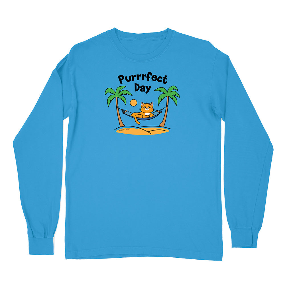Blue long-sleeve shirt with a cat graphic and 'Purrfect Day' text on a white background