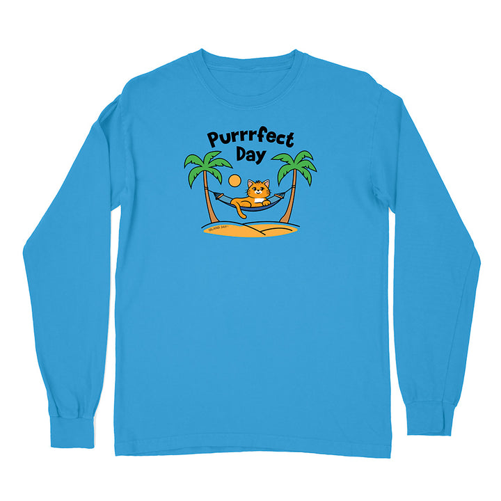 Blue long-sleeve shirt with a cat graphic and 'Purrfect Day' text on a white background