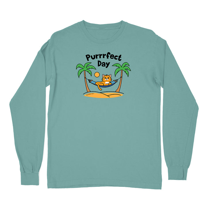 Teal long-sleeve shirt with a cat graphic and 'Purrfect Day' text on a white background