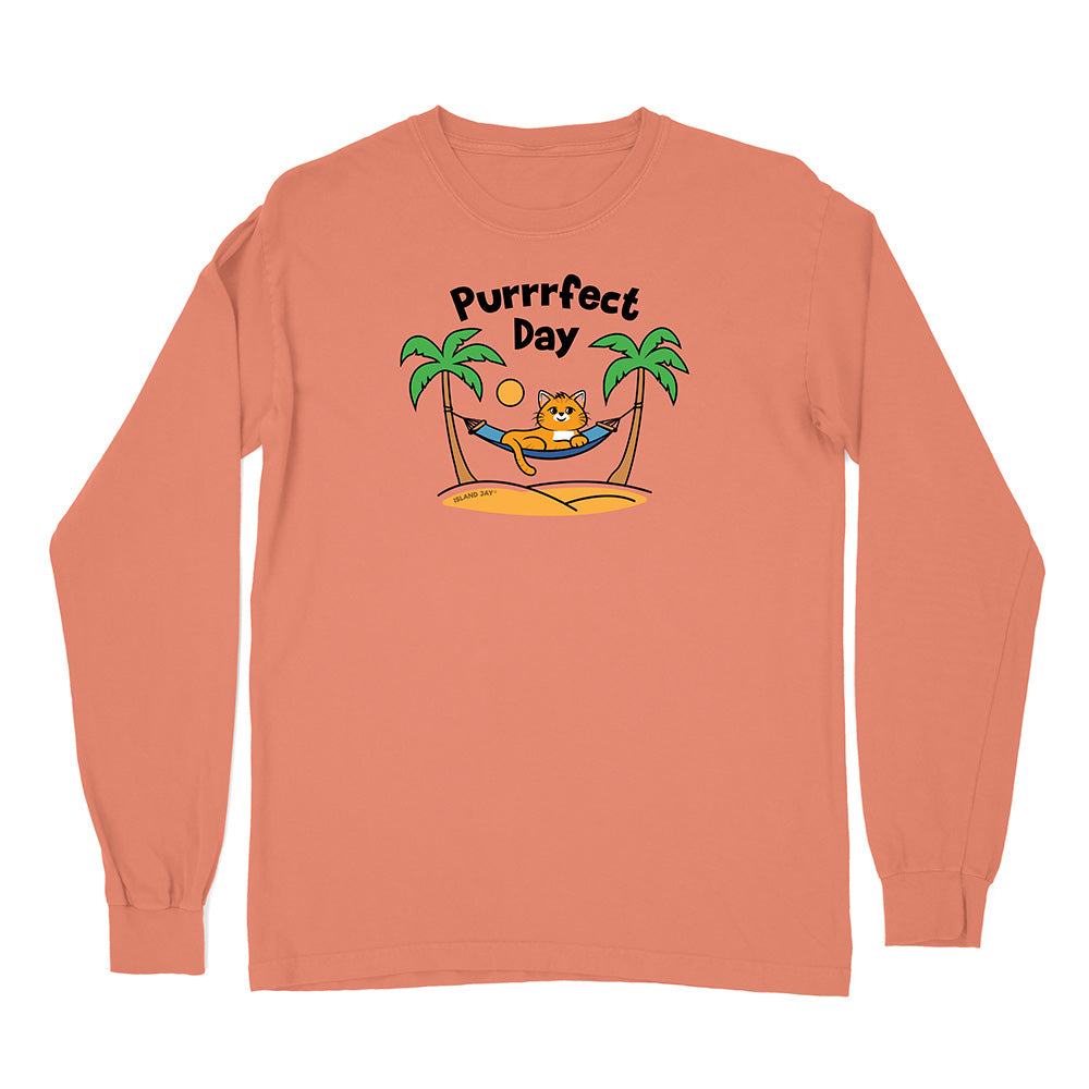 Coral long-sleeve shirt with a cat in a hammock and 'Purrfect Day' text on a white background