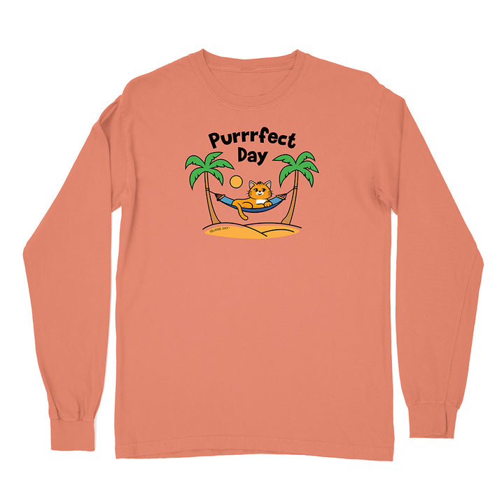 Coral long-sleeve shirt with a cat in a hammock and 'Purrfect Day' text on a white background