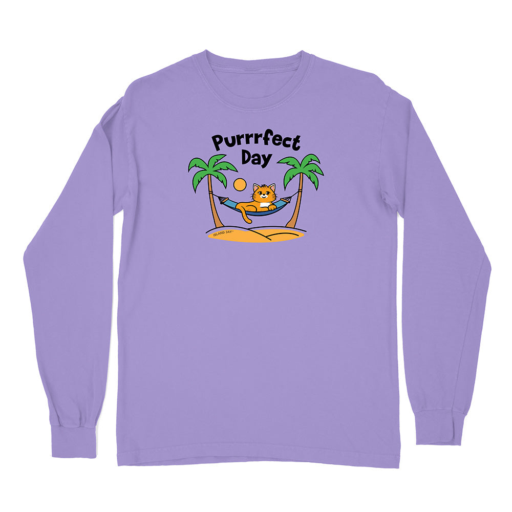 Purple long-sleeve shirt with a cat graphic and 'Purrfect Day' text on a white background