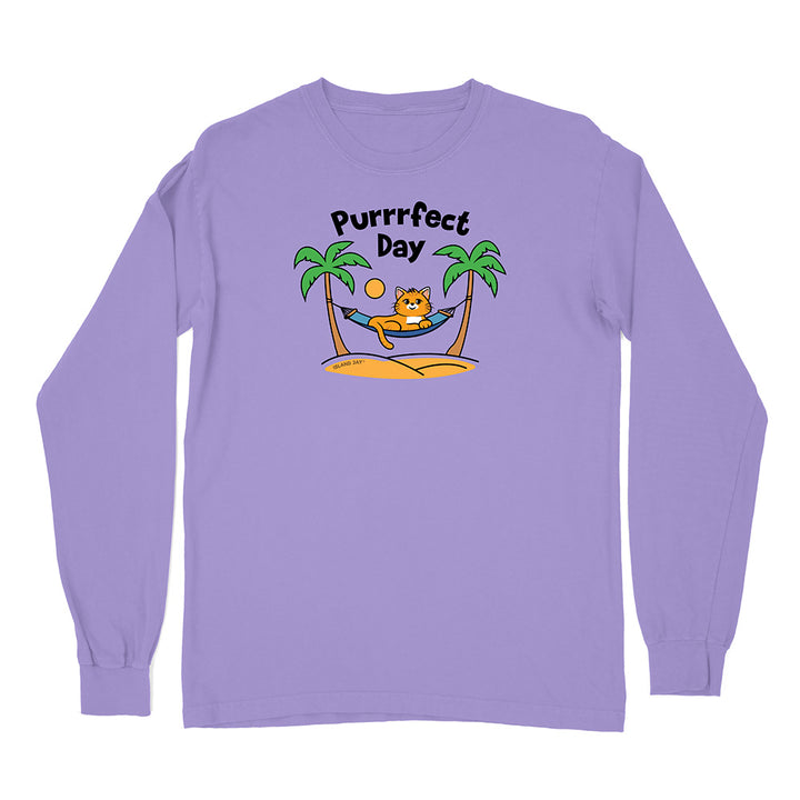 Purple long-sleeve shirt with a cat graphic and 'Purrfect Day' text on a white background
