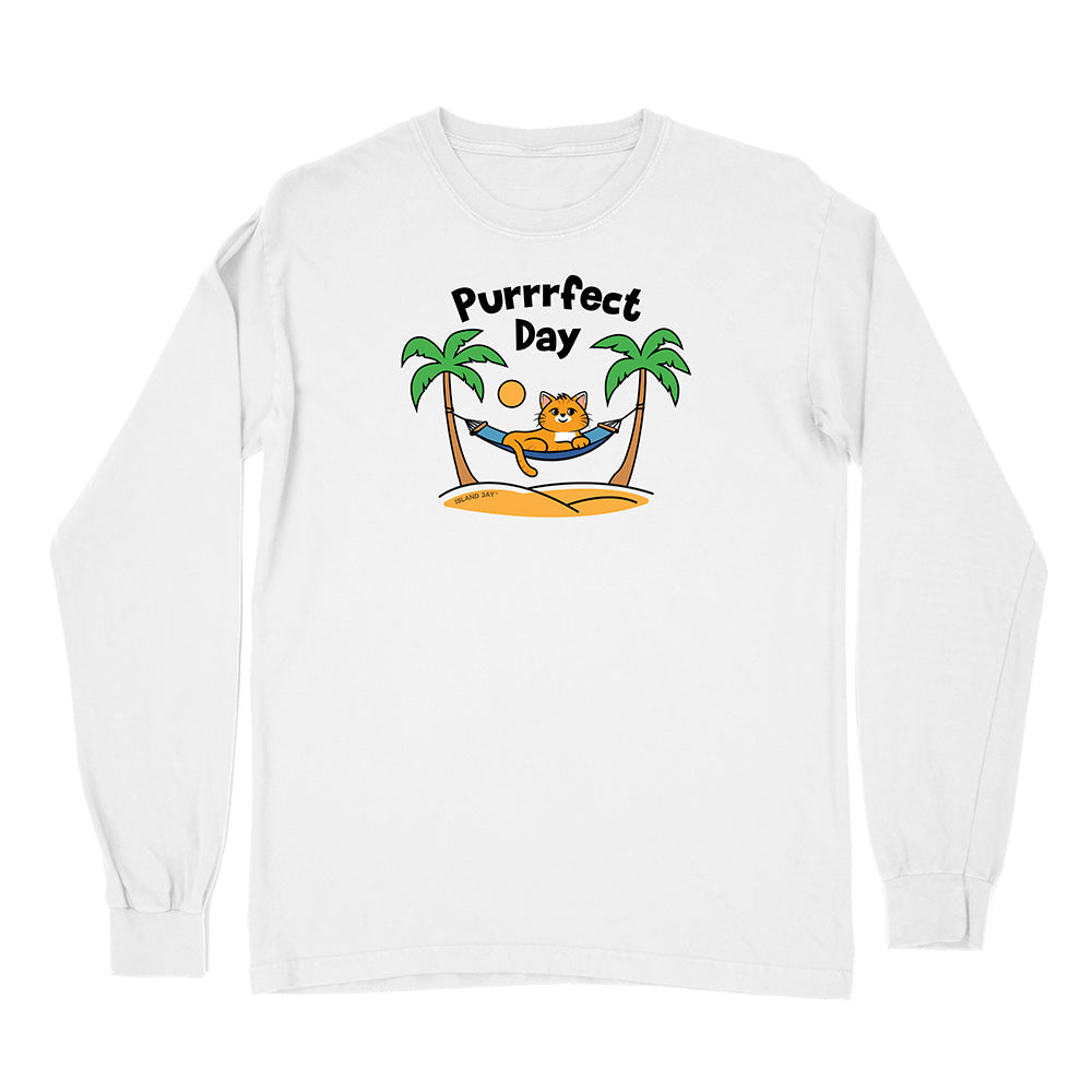 White long-sleeve shirt with a cat graphic and 'Purrfect Day' text on a white background