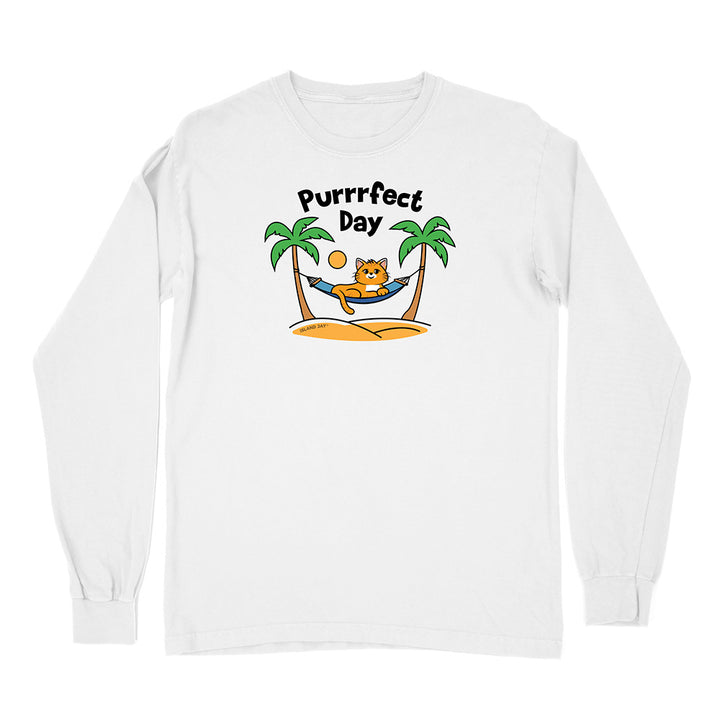 White long-sleeve shirt with a cat graphic and 'Purrfect Day' text on a white background