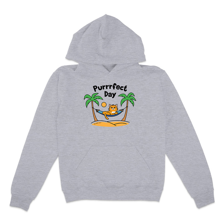 Gray hoodie with a 'Purrfect Day' graphic on a white background