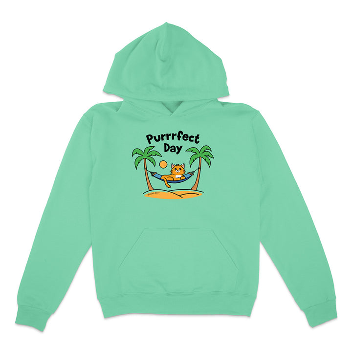 Mint green hoodie with a cat graphic and 'Purrfect Day' text on a white background