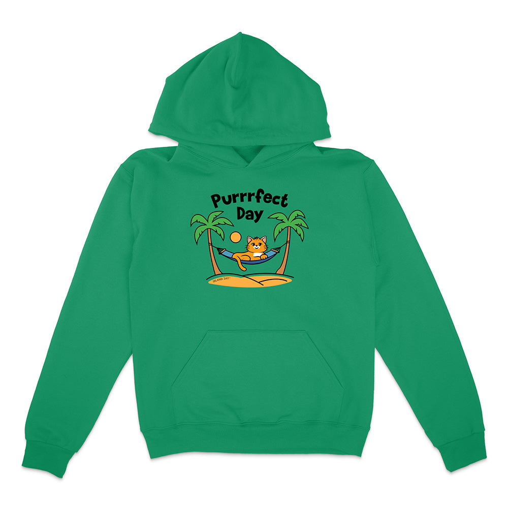 Green hoodie with a cat graphic and 'Purrfect Day' text on a white background