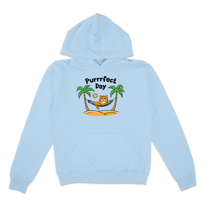 Light blue hoodie with a cat graphic and 'Purrfect Day' text on a white background