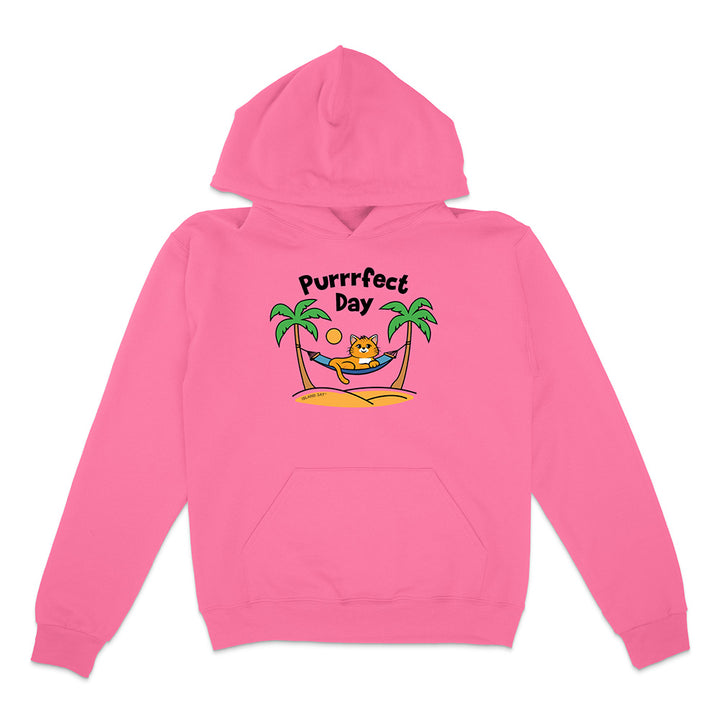 Pink hoodie with a cat graphic and 'Purrfect Day' text on a white background