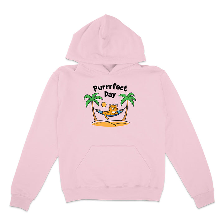Pink hoodie with a cat graphic and 'Purrfect Day' text on a white background