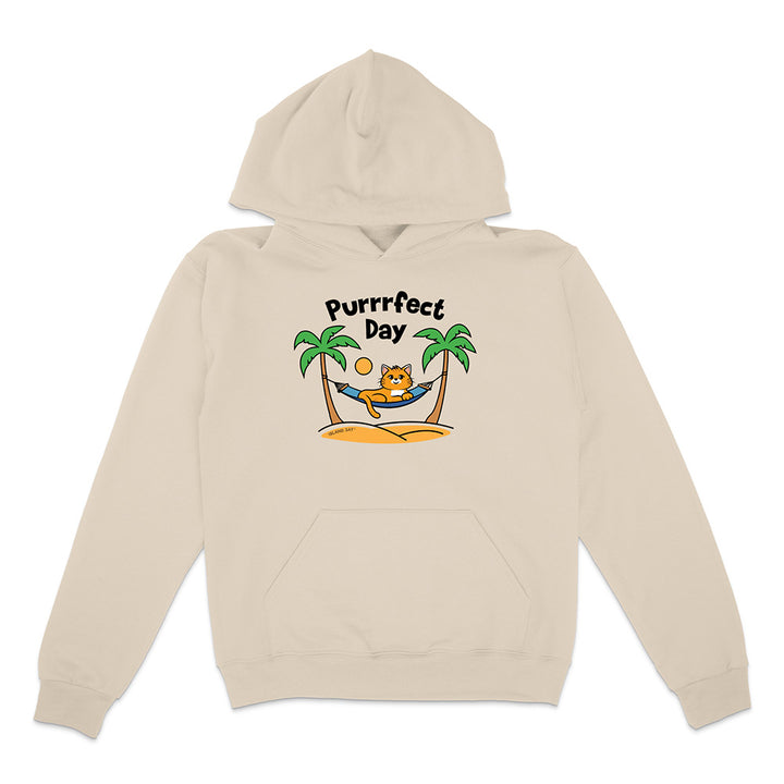 Beige hoodie with a cat graphic and 'Purrfect Day' text on a white background