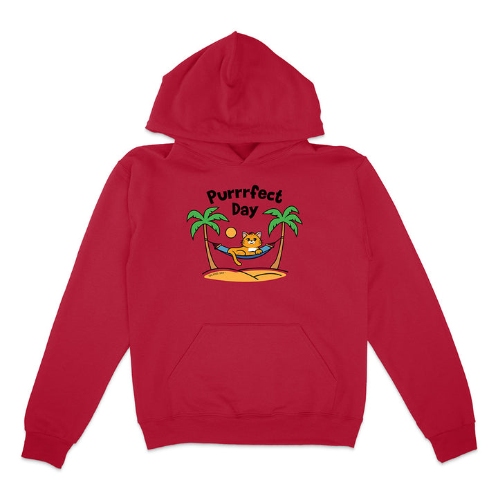 Red hoodie with a cat graphic and 'Purrfect Day' text on a white background