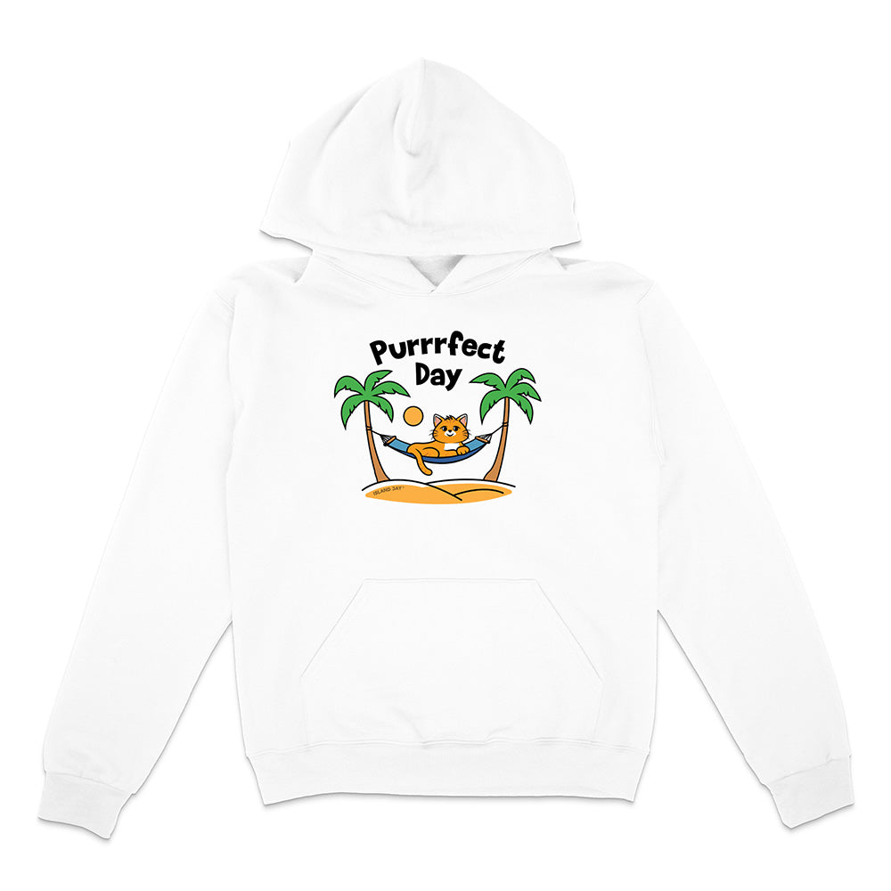 White hoodie with 'Purrfect Day' graphic featuring a cat in a hammock between palm trees on a white background.