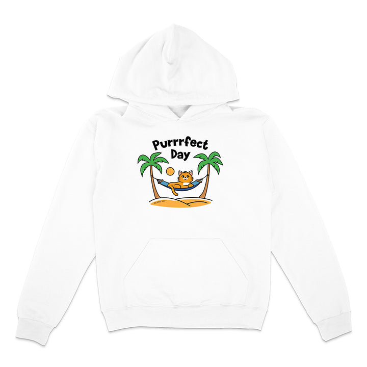 White hoodie with 'Purrfect Day' graphic featuring a cat in a hammock between palm trees on a white background.