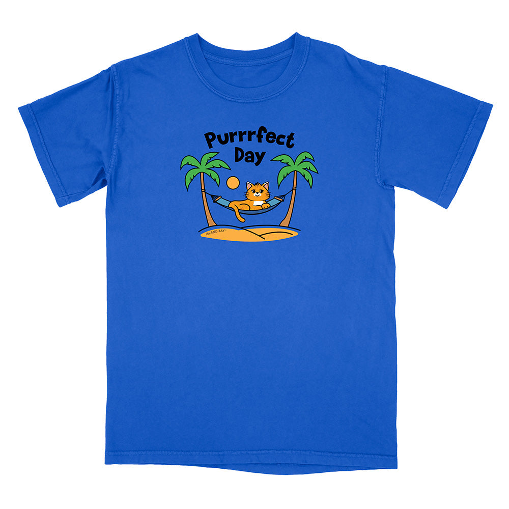 Blue t-shirt with a cat graphic and 'Purrfect Day' text on a white background
