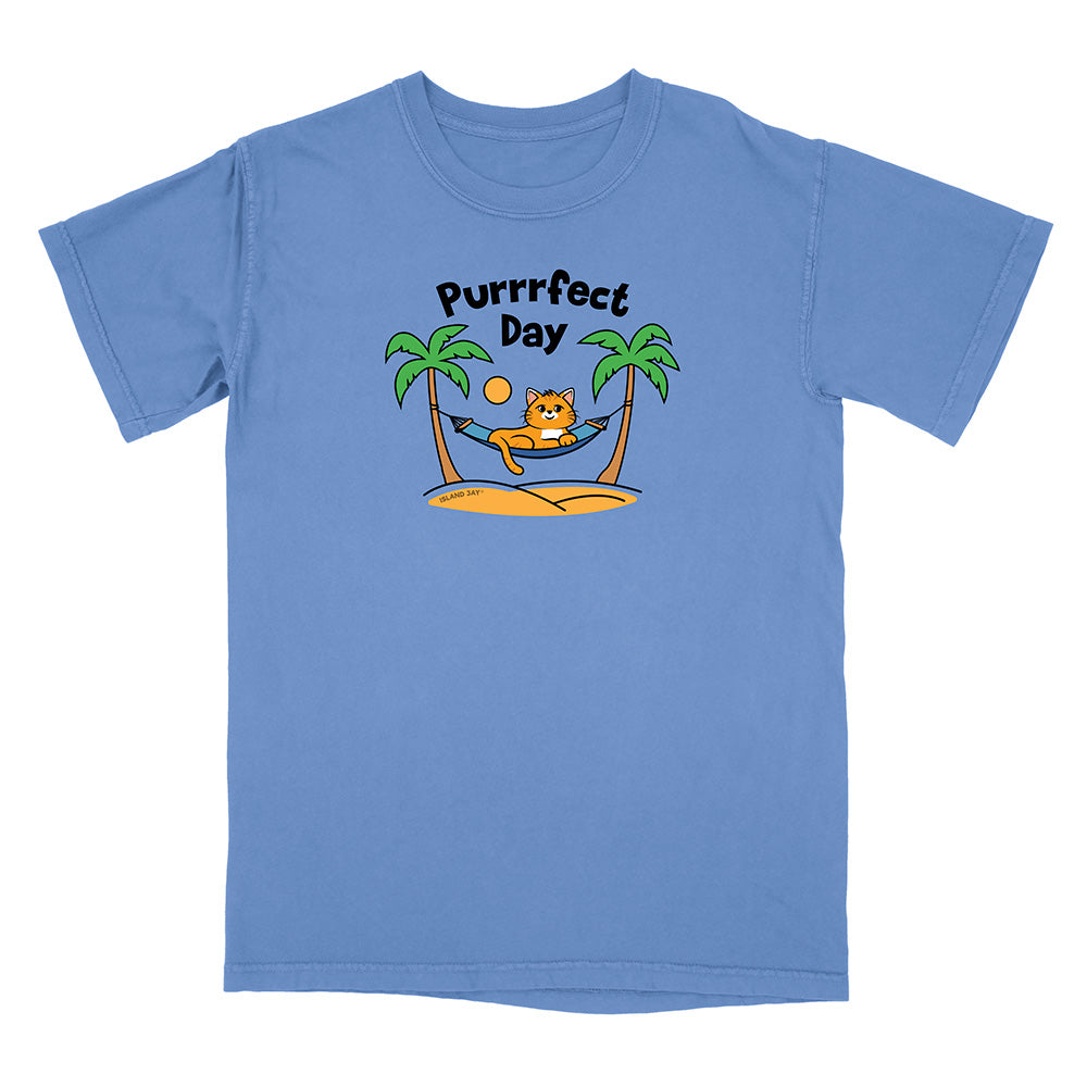 Blue t-shirt with a cat graphic and 'Purrfect Day' text on a white background