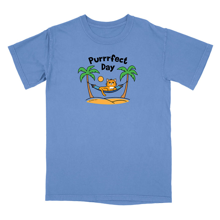 Blue t-shirt with a cat graphic and 'Purrfect Day' text on a white background