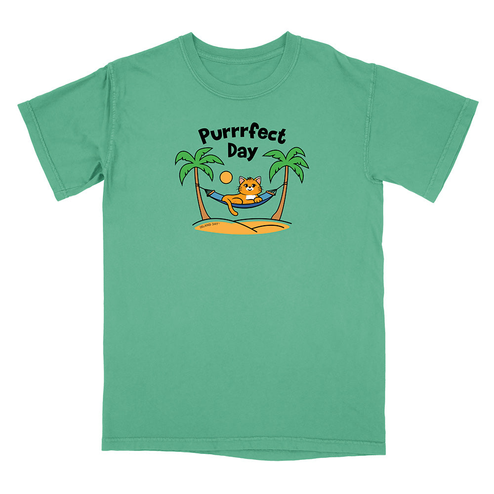 Green t-shirt with a cat in a hammock and 'Purrfect Day' text on a white background