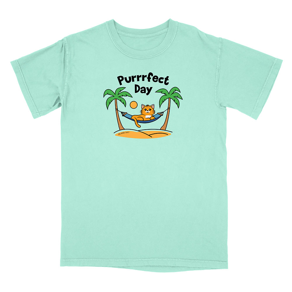 Mint green t-shirt with a cat graphic and 'Purrfect Day' text on a white background