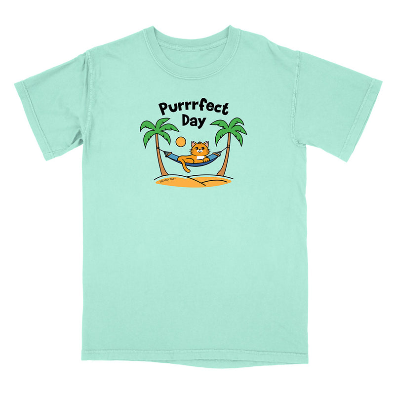 Mint green t-shirt with a cat graphic and 'Purrfect Day' text on a white background