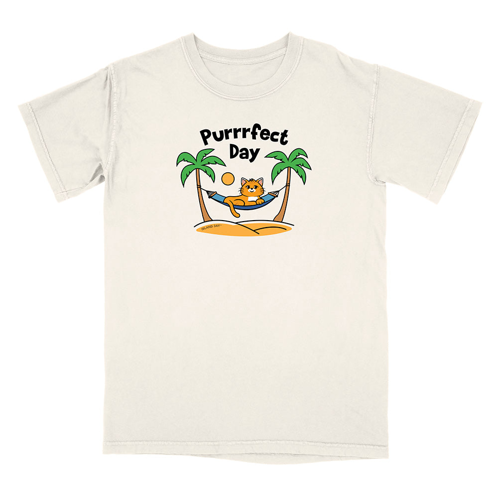 White t-shirt with a cat graphic and 'Purrfect Day' text on a white background