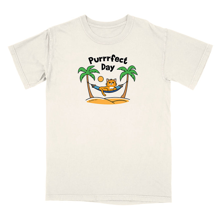 White t-shirt with a cat graphic and 'Purrfect Day' text on a white background