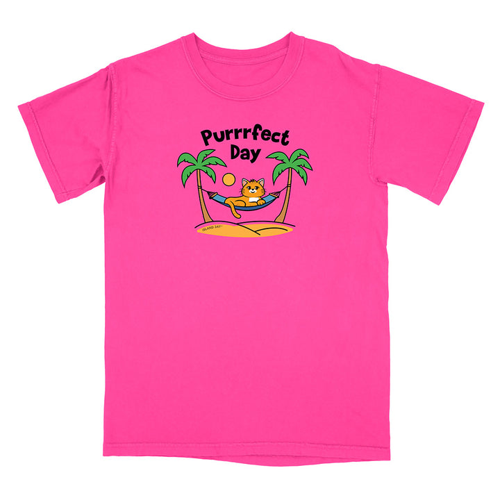Pink t-shirt with a cat graphic and 'Purrfect Day' text on a white background