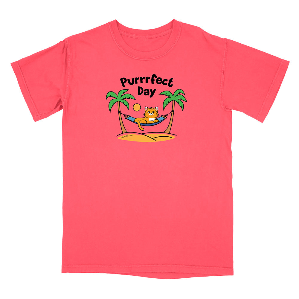 Pink t-shirt with a cat graphic and 'Purrfect Day' text on a white background