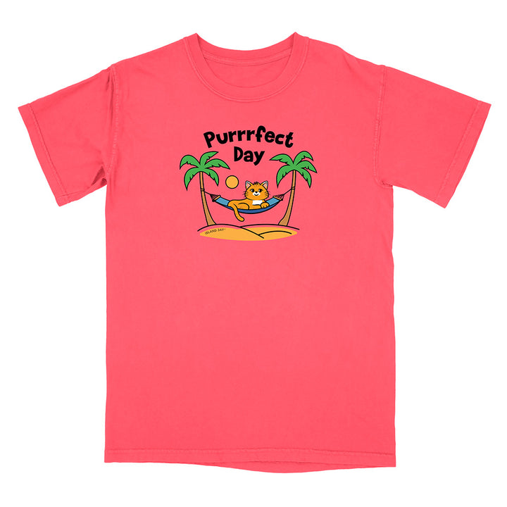 Pink t-shirt with a cat graphic and 'Purrfect Day' text on a white background