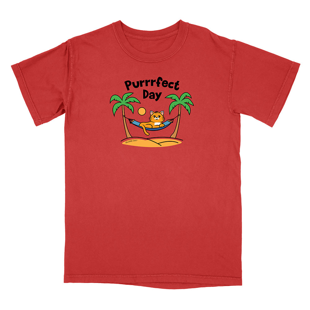 Red t-shirt with a cat in a hammock graphic and 'Purrfect Day' text on a white background