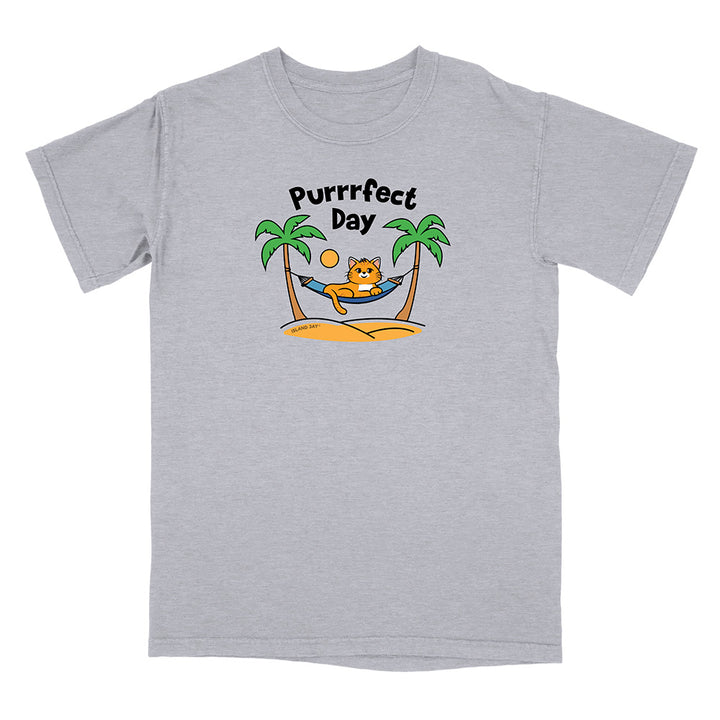 Gray t-shirt with a cat graphic and 'Purrfect Day' text on a white background