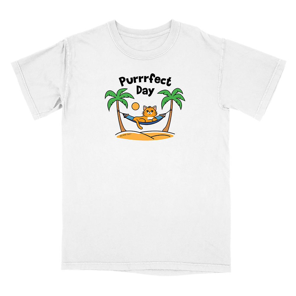 White t-shirt with a cat graphic and 'Purrfect Day' text on a white background