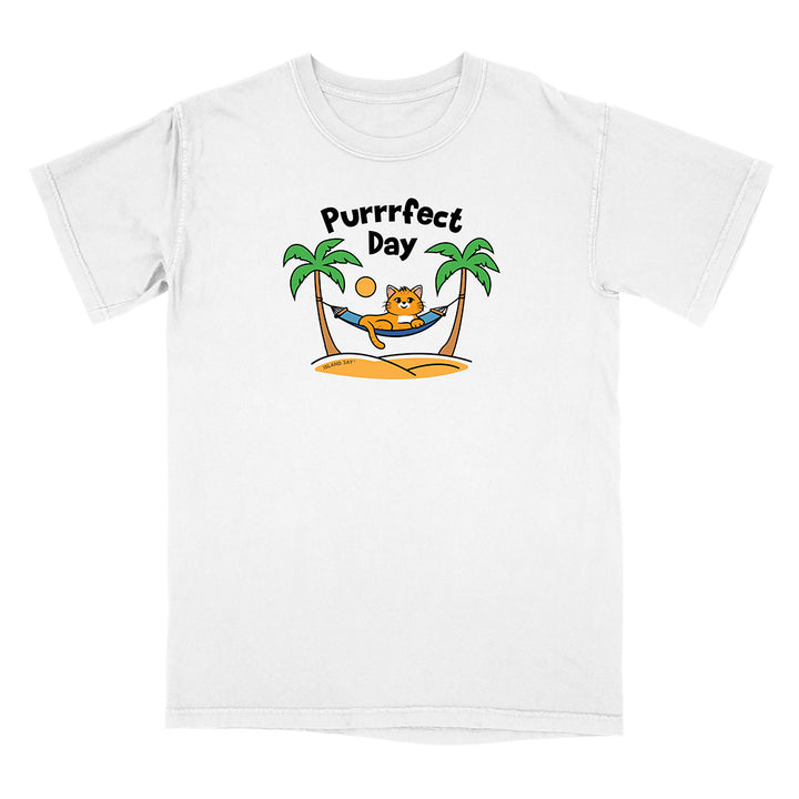 White t-shirt with a cat graphic and 'Purrfect Day' text on a white background