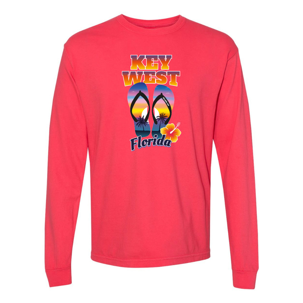 Red long-sleeve shirt with 'Key West Florida' design on a white background