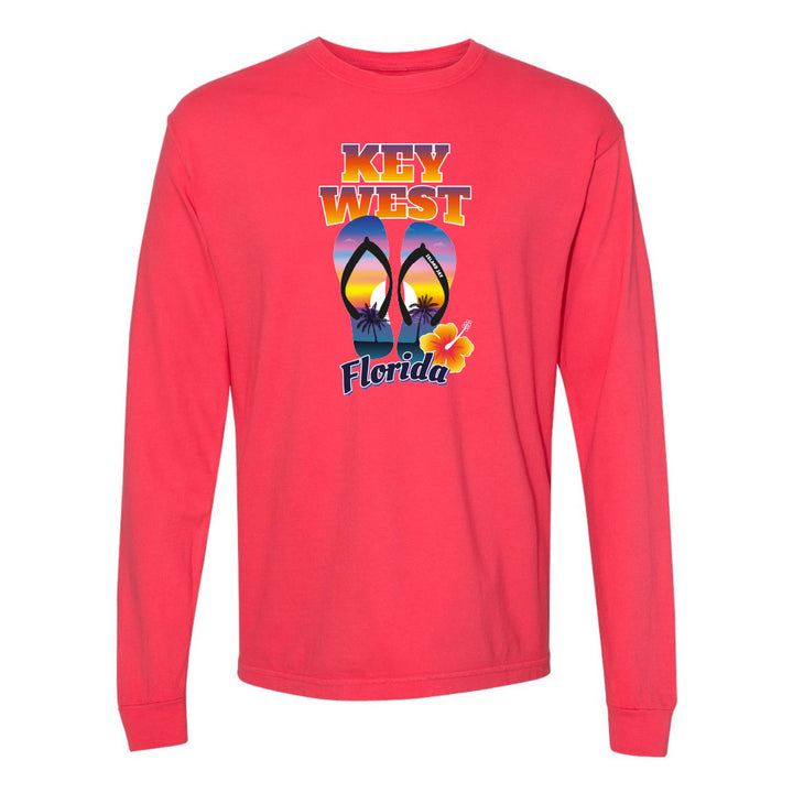 Red long-sleeve shirt with 'Key West Florida' design on a white background