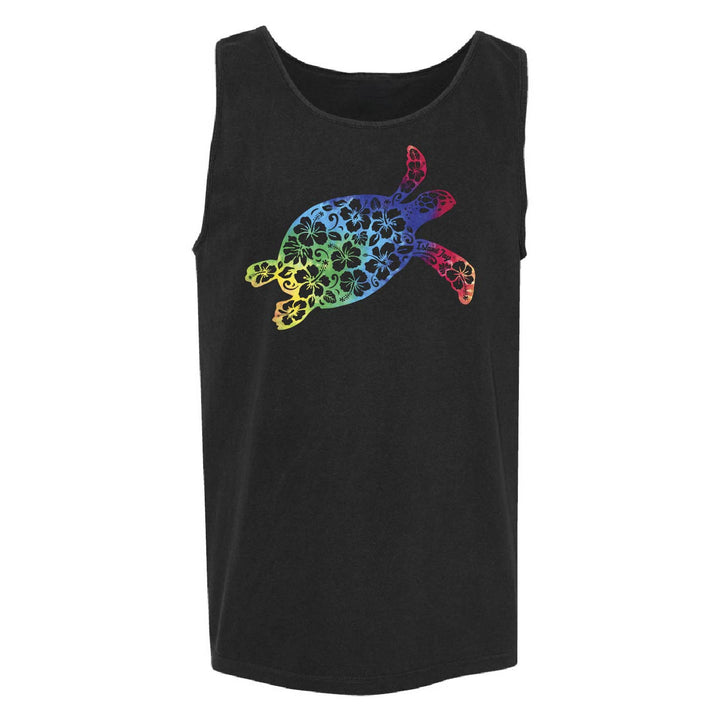 A black sleeveless tank top featuring a colorful rainbow-patterned sea turtle graphic on the chest, displayed against a solid white background.