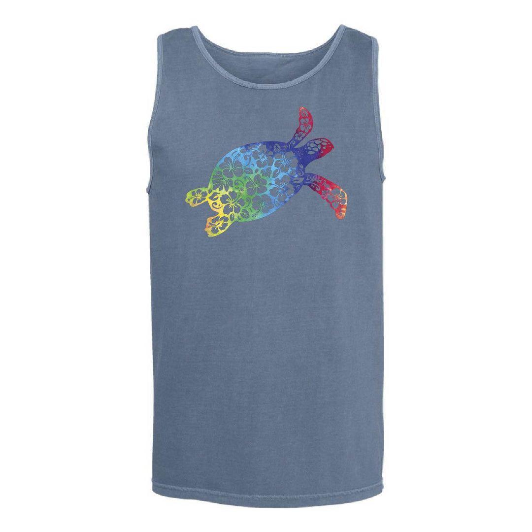A sleeveless tank top in dusty blue, featuring a colorful watercolor-style sea turtle graphic on the chest with yellow, green, blue, and red tones, shown against a plain white background.