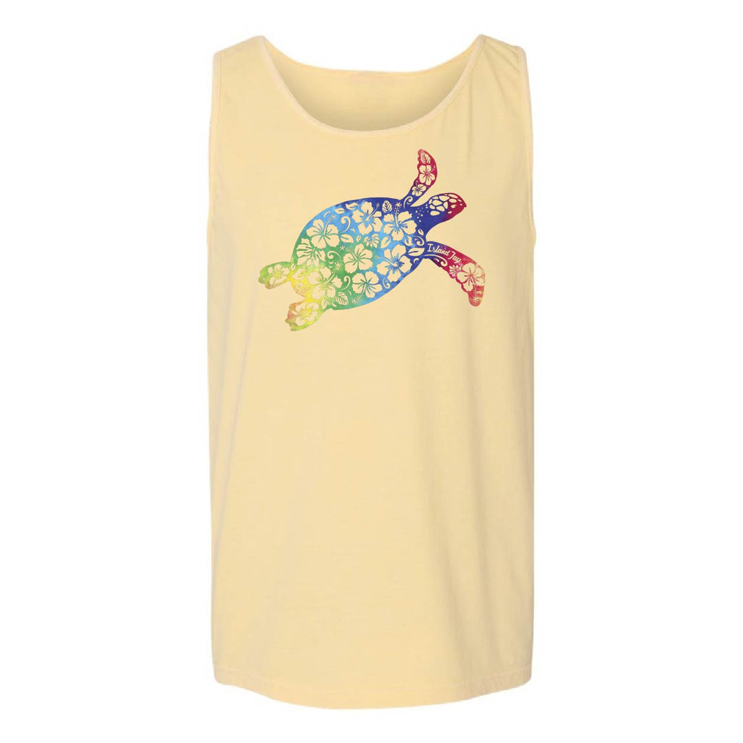 A pale yellow sleeveless tank top featuring a colorful, patterned sea turtle graphic on the chest, displayed against a solid white background.