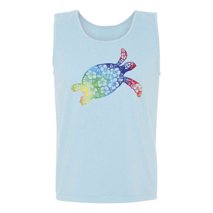 A light blue sleeveless tank top featuring a colorful sea turtle graphic on the chest, displayed against a solid white background.